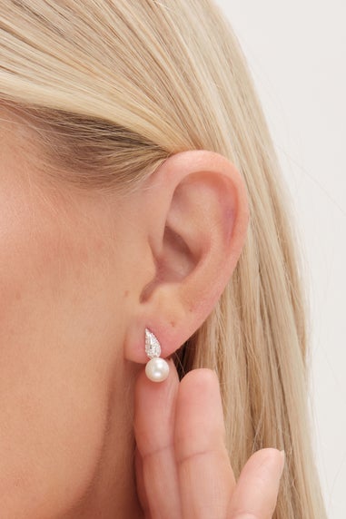 Simply Silver Sterling Silver 925 Pave & Pearl Drop Stud Earrings