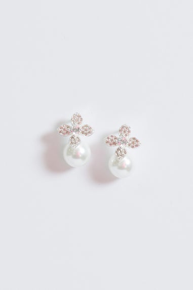 Simply Silver Sterling Silver 925 Cubic Zirconia Flower & Pearl Drop Stud Earrings