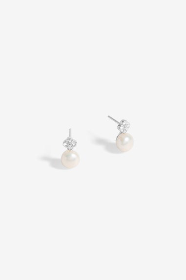 Simply Silver Sterling Silver 925 Cubic Zirconia Clover & Pearl Drop Stud Earrings