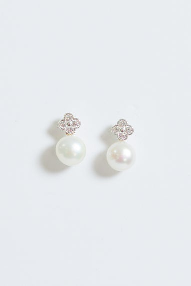 Simply Silver Sterling Silver 925 Cubic Zirconia Clover & Pearl Drop Stud Earrings