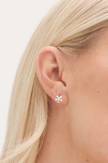 Simply Silver Sterling Silver 925 Cubic Zirconia & Pearl Flower Stud Earrings