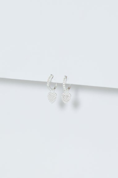 Simply Silver Sterling Silver 925 Pave Heart Charm Hoop Earrings