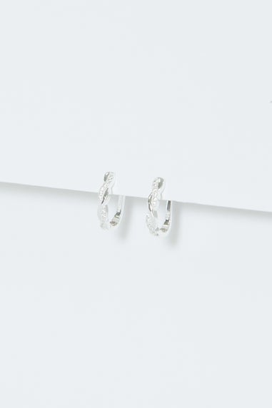 Simply Silver Sterling Silver 925 Polished & Cubic Zirconia Plaited Hoop Earrings