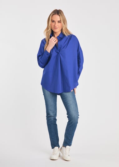 French Connection Blue Cotton Long Sleeve Poplin Popover High-Low Hem Shirt