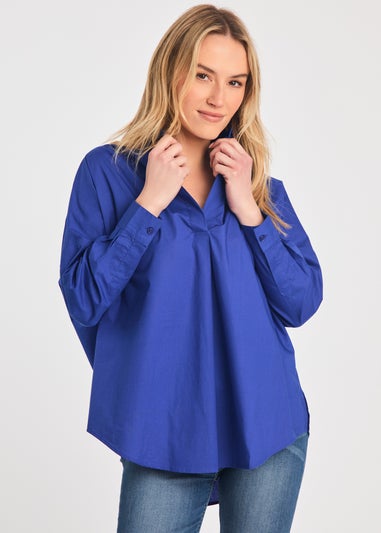 French Connection Blue Cotton Long Sleeve Poplin Popover High-Low Hem Shirt