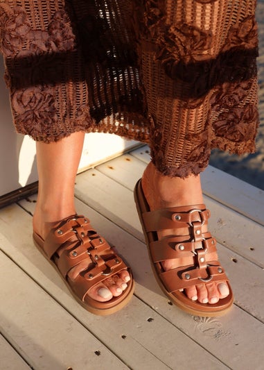 Linzi Marcia Tan Faux Leather Studded Gladiator Slip On Sandals