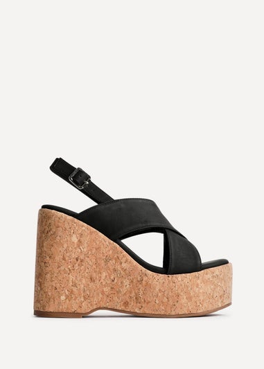 Linzi Santana Black Faux Leather Crossover High Platform Cork Wedge