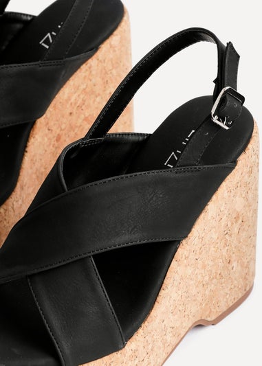 Linzi Santana Black Faux Leather Crossover High Platform Cork Wedge