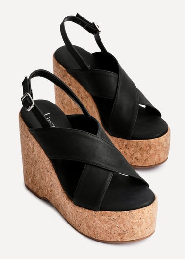 Linzi Santana Black Faux Leather Crossover High Platform Cork Wedge