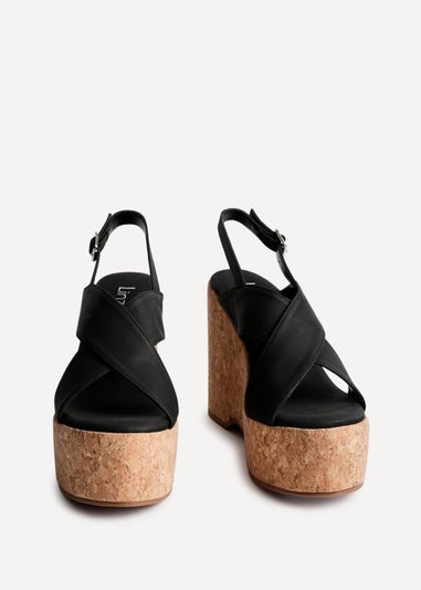 Linzi Santana Black Faux Leather Crossover High Platform Cork Wedge