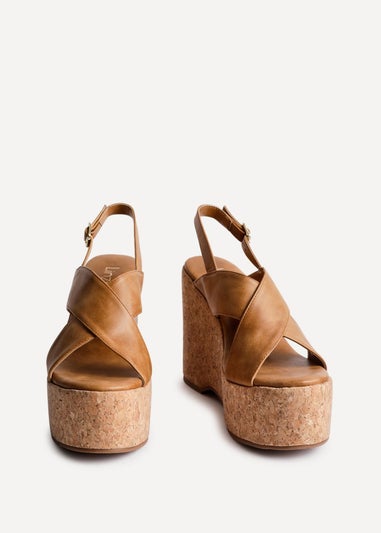 Linzi Santana Tan Faux Leather Crossover High Platform Cork Wedge