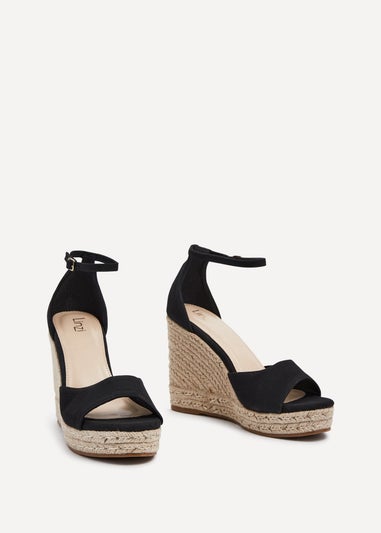 Linzi Gracio Black Faux Suede Rope Platform Wedge