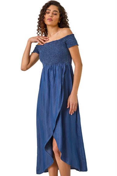 Roman Denim Bardot Shirred Maxi Dress