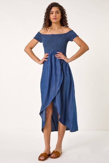 Roman Denim Bardot Shirred Maxi Dress