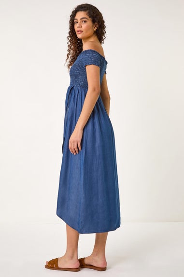 Roman Denim Bardot Shirred Maxi Dress