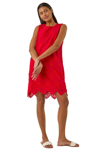 Roman Red Flower Embroidered Shift Dress