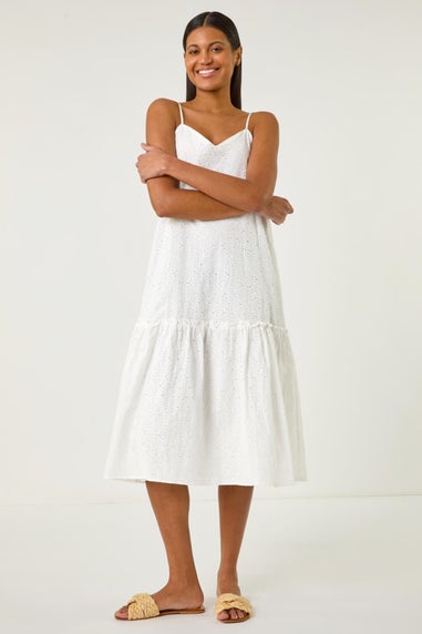 Roman White Broderie Frill Tiered Midi Dress