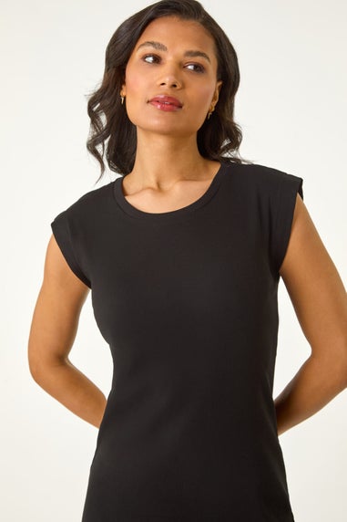 Roman Black Ribbed Cap Sleeve Midi Dress