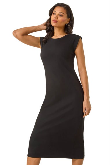 Roman Black Ribbed Cap Sleeve Midi Dress