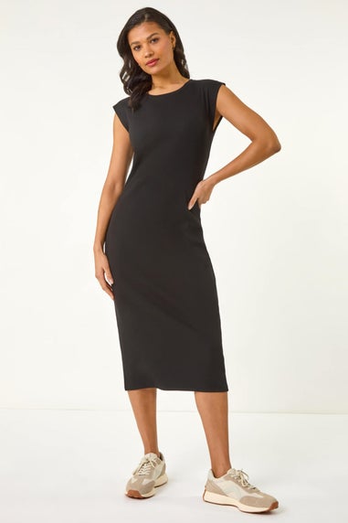 Roman Black Ribbed Cap Sleeve Midi Dress