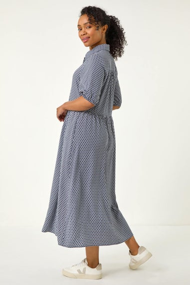 Roman Navy Petite Geo Print Button Midi Dress