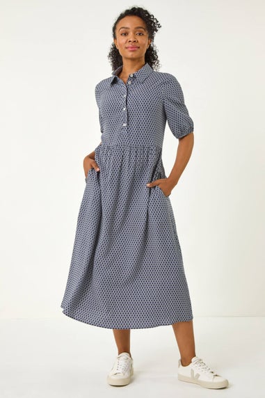 Roman Navy Petite Geo Print Button Midi Dress