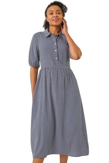 Roman Navy Petite Geo Print Button Midi Dress