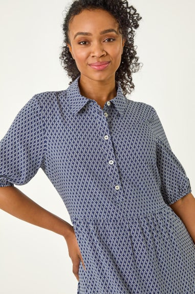 Roman Navy Petite Geo Print Button Midi Dress