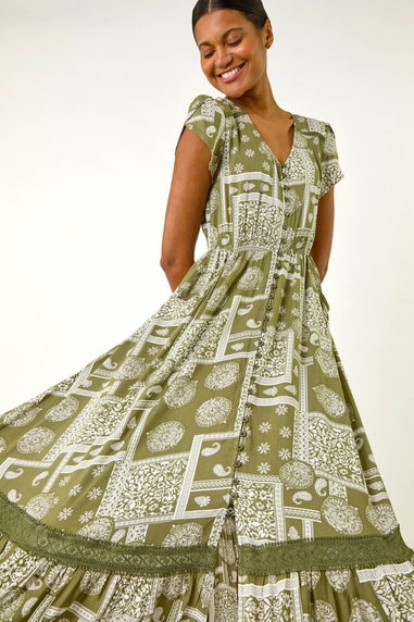 Roman Khaki Patchwork Lace Trim Maxi Dress