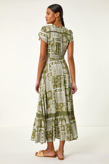 Roman Khaki Patchwork Lace Trim Maxi Dress