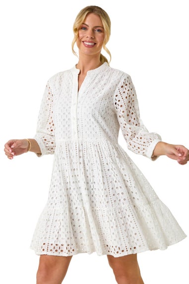 Roman White Petite Broderie Tiered Dress