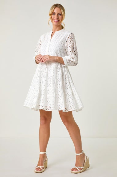 Roman White Petite Broderie Tiered Dress