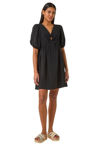 Roman Black Ring Detail V Neck Gathered Dress