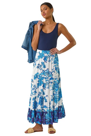 Roman Blue Contrast Floral Tiered Skirt