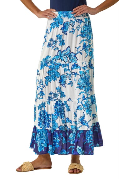 Roman Blue Contrast Floral Tiered Skirt