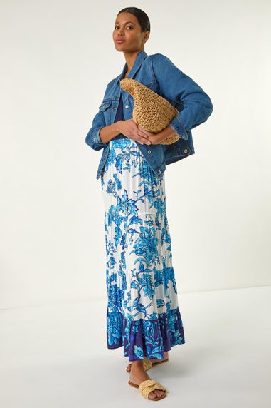 Roman Blue Contrast Floral Tiered Skirt