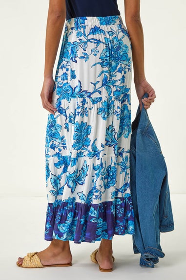 Roman Blue Contrast Floral Tiered Skirt