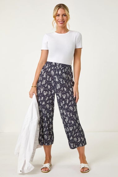 Roman Navy Petite Floral Crinkle Cropped Trouser