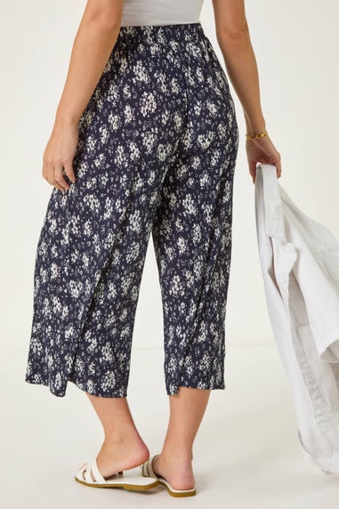Roman Navy Petite Floral Crinkle Cropped Trouser