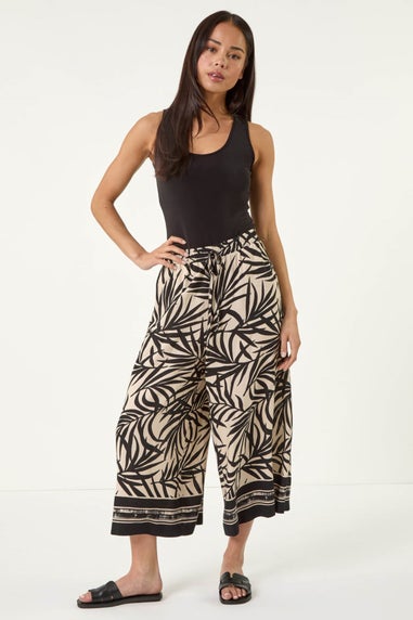 Roman Black Petite Leaf Border Print Tie Waist Culottes