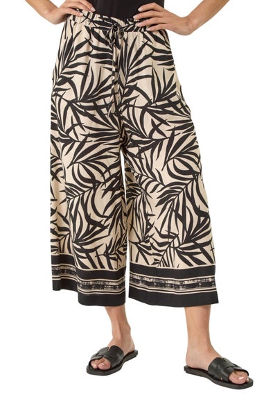 Roman Black Petite Leaf Border Print Tie Waist Culottes
