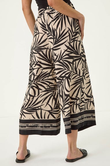 Roman Black Petite Leaf Border Print Tie Waist Culottes
