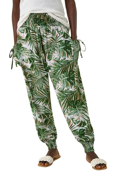 Roman Green Palm Print Tie Pocket Trousers
