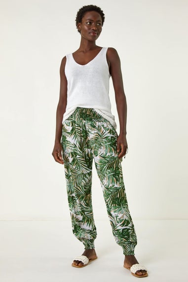 Roman Green Palm Print Tie Pocket Trousers