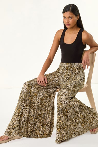 Roman Brown Animal Print Tiered Palazzo Trouser