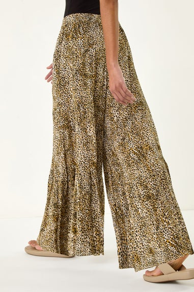 Roman Brown Animal Print Tiered Palazzo Trouser