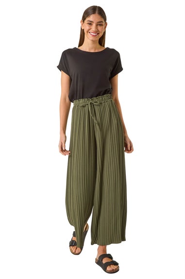 Roman Khaki Pleated Wide Leg Culottes