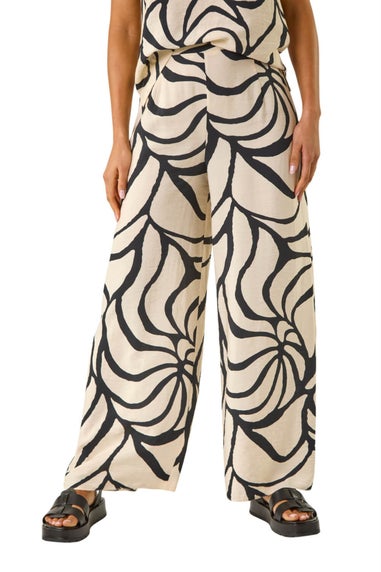 Roman Black Mono Floral Palm Print Wide Leg Trouser