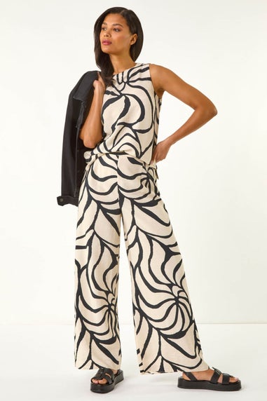 Roman Black Mono Floral Palm Print Wide Leg Trouser