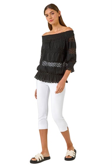 Roman Black Lace Insert Frill Bardot Top